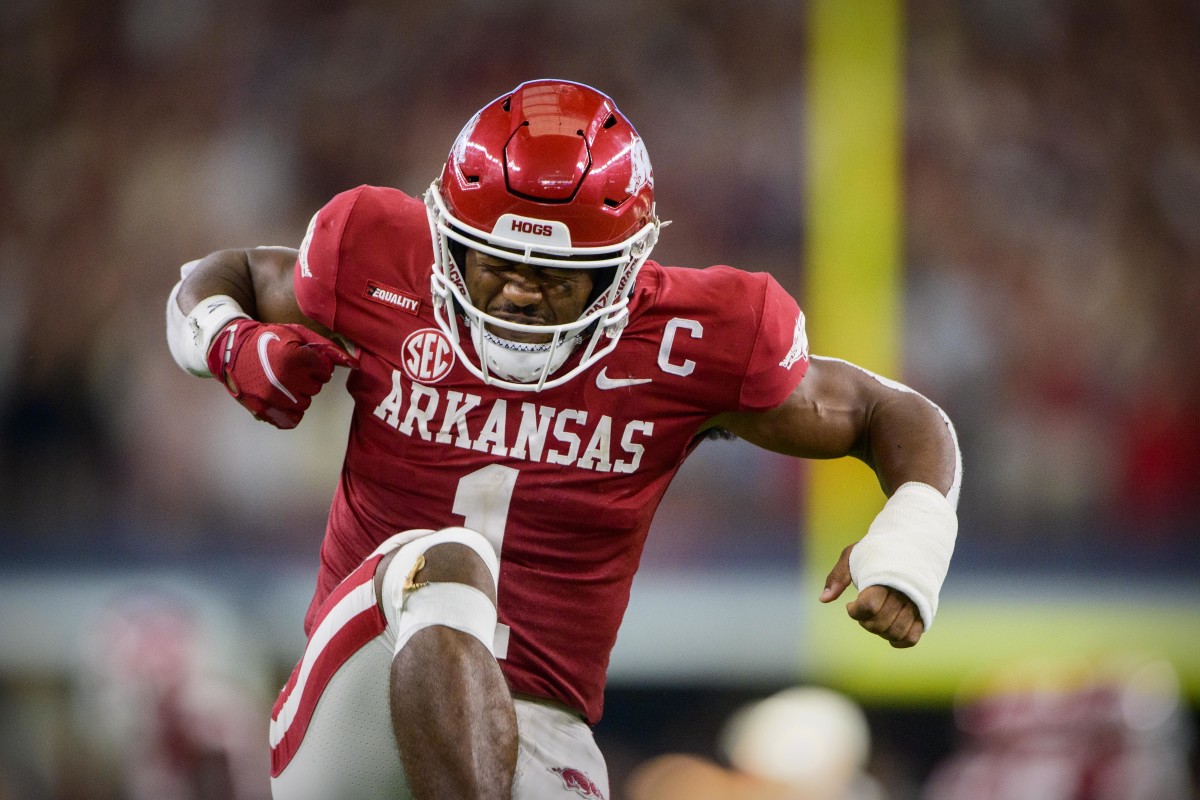 Sep 25, 2021; Arlington, Texas, USA; Arkansas Razorbacks defensive back Jalen Catalon (1) celebrates during the second half against the Texas A&M Aggies at AT&T Stadium. Mandatory Credit: Jerome Miron-USA TODAY Sports